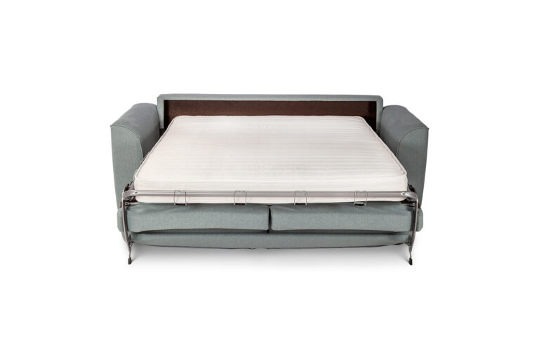 In picture: Alba 2 opened into bed position. Fabric: Connect 60. Leg: 35, black.