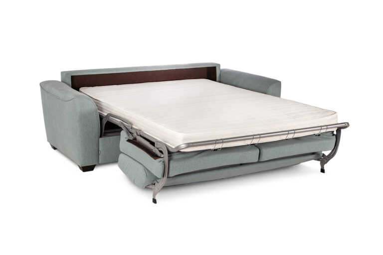 In picture: Alba 2 opened into bed position. Fabric: Connect 60. Leg: 35, black.